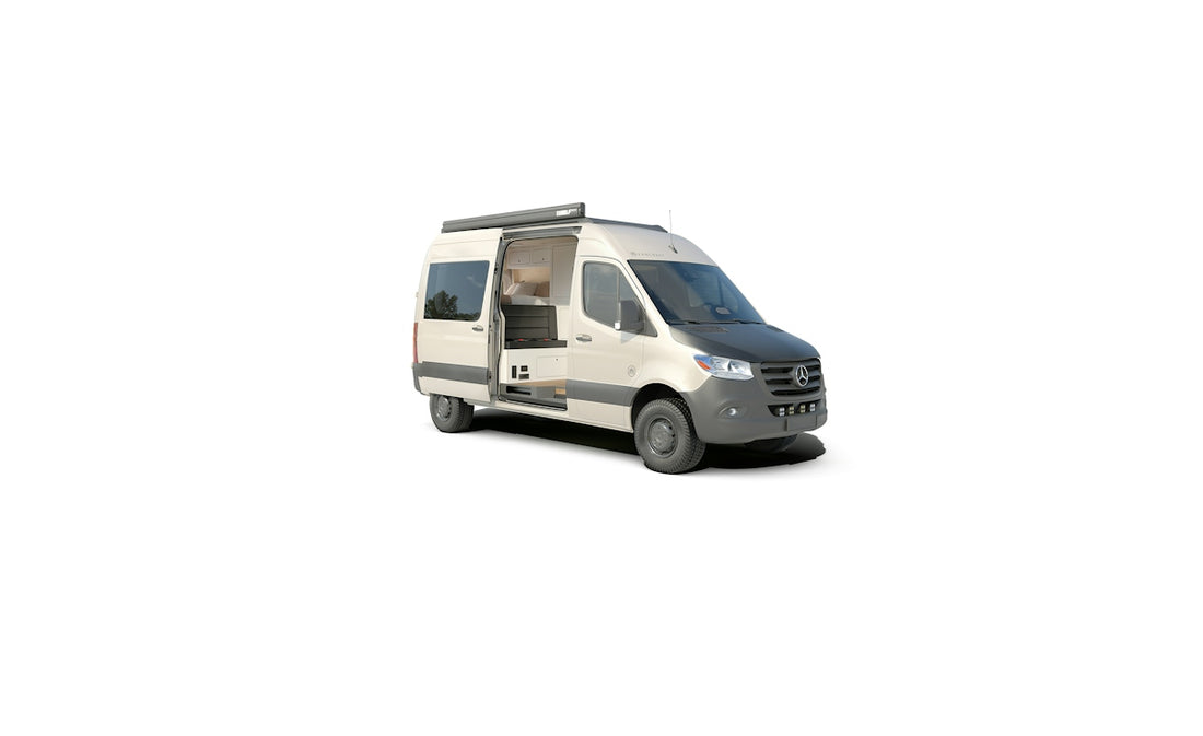 A white camper van with an open side door