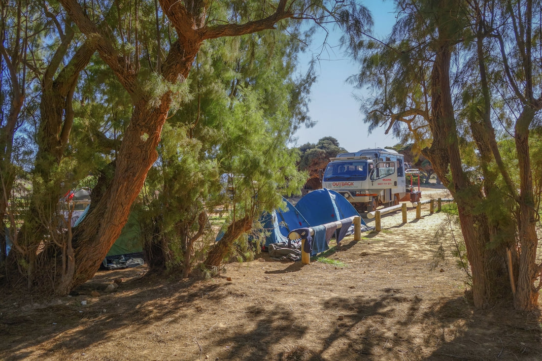 A campsite with a blue tent and rv among trees.