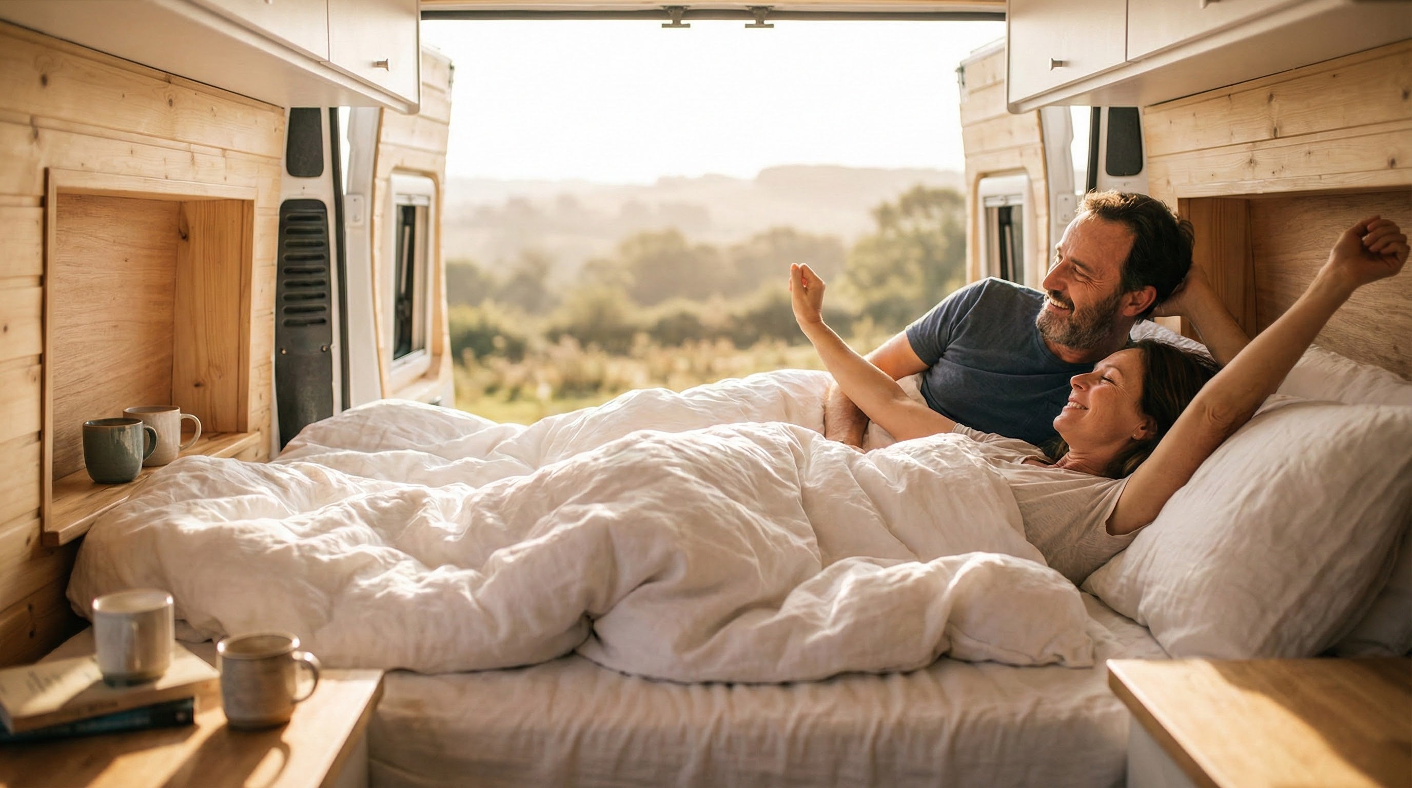 A happy couple in their 40s-50s waking up refreshed on a comfortable mattress inside a campervan, woman stretching contentedly while man smiles, morning sunlight through windows showing countryside views